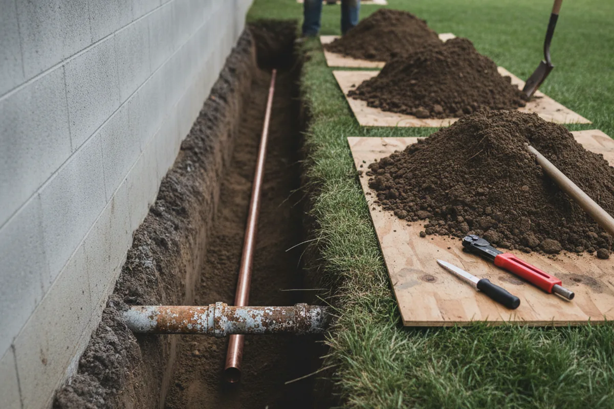 Excavated water line trench during Sewer Line Repair in Leo